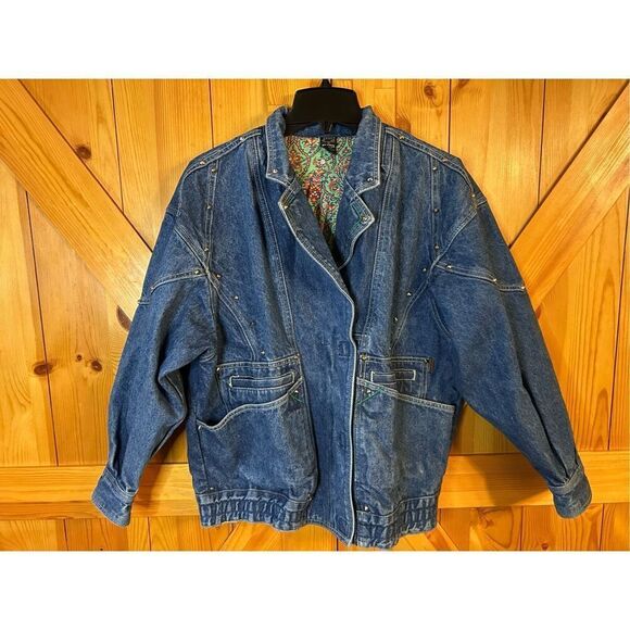 VTG 80s Jag Jean Studded Dolman Sleeve Bomber Denim Jean Jacket Grunge Sz Small - Picture 1 of 11